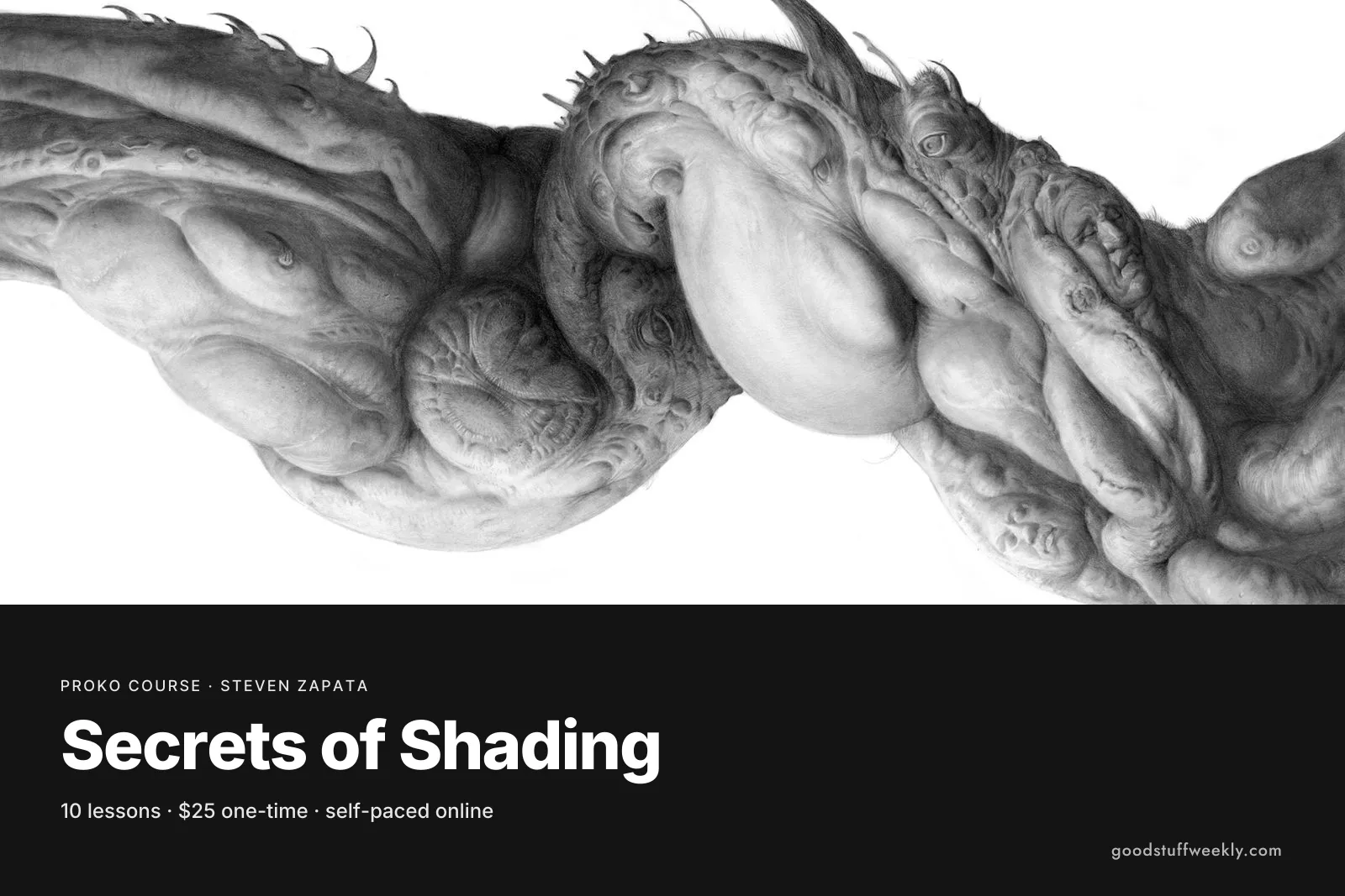 A detailed graphite drawing of a twisting creature with textured skin, for Proko's Secrets of Shading