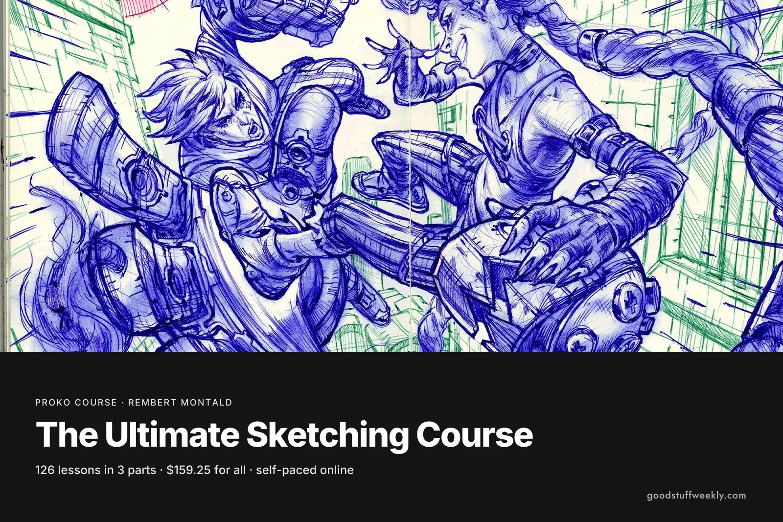 A dense blue ballpoint sketch of fighting characters, for Proko's Ultimate Sketching Course