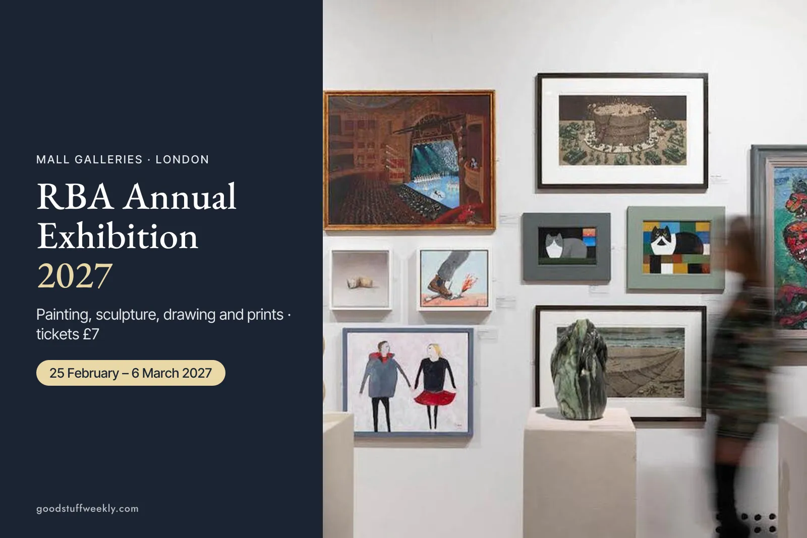 Visitors among paintings at the RBA Annual Exhibition, Mall Galleries, beside the dates