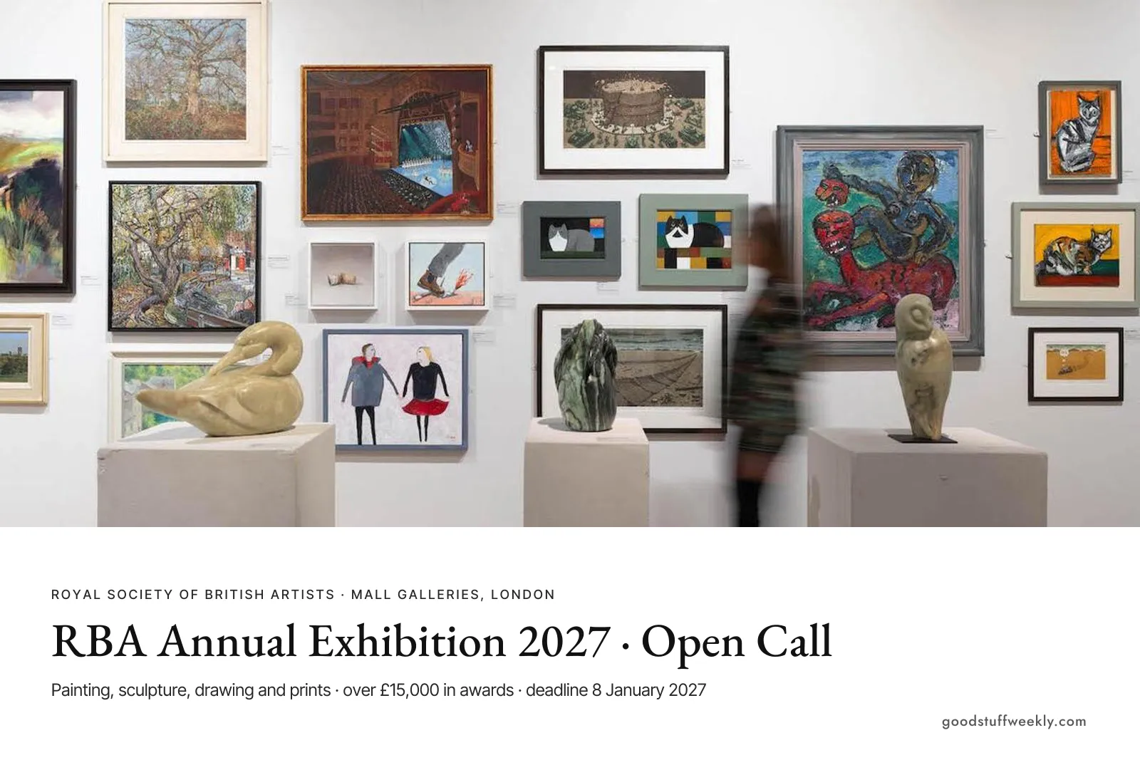 Paintings and sculptures at the RBA exhibition, Mall Galleries, above the title RBA Annual Exhibition 2027 Open Call