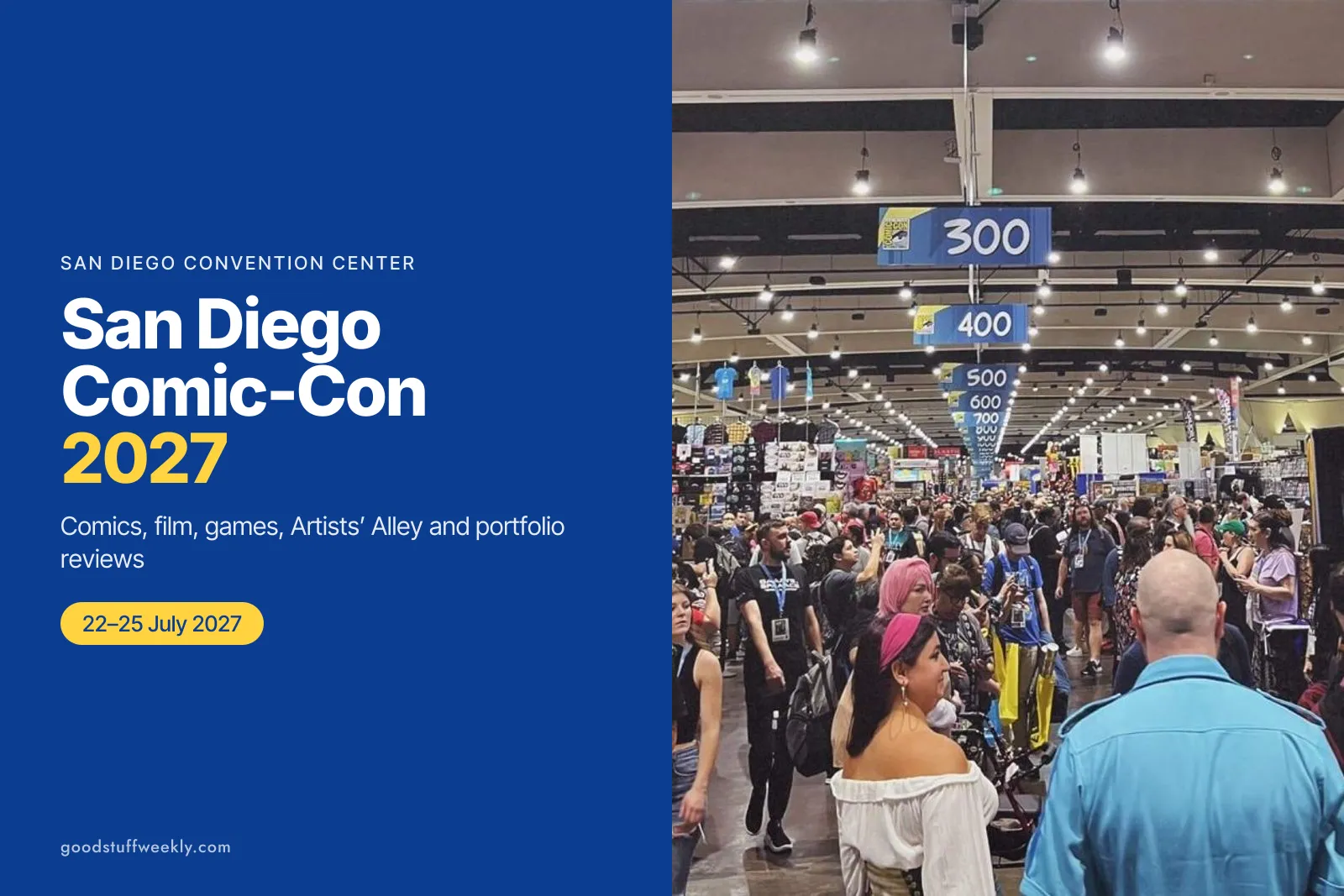 Crowds in the exhibit hall at San Diego Comic-Con, with numbered aisle signs overhead