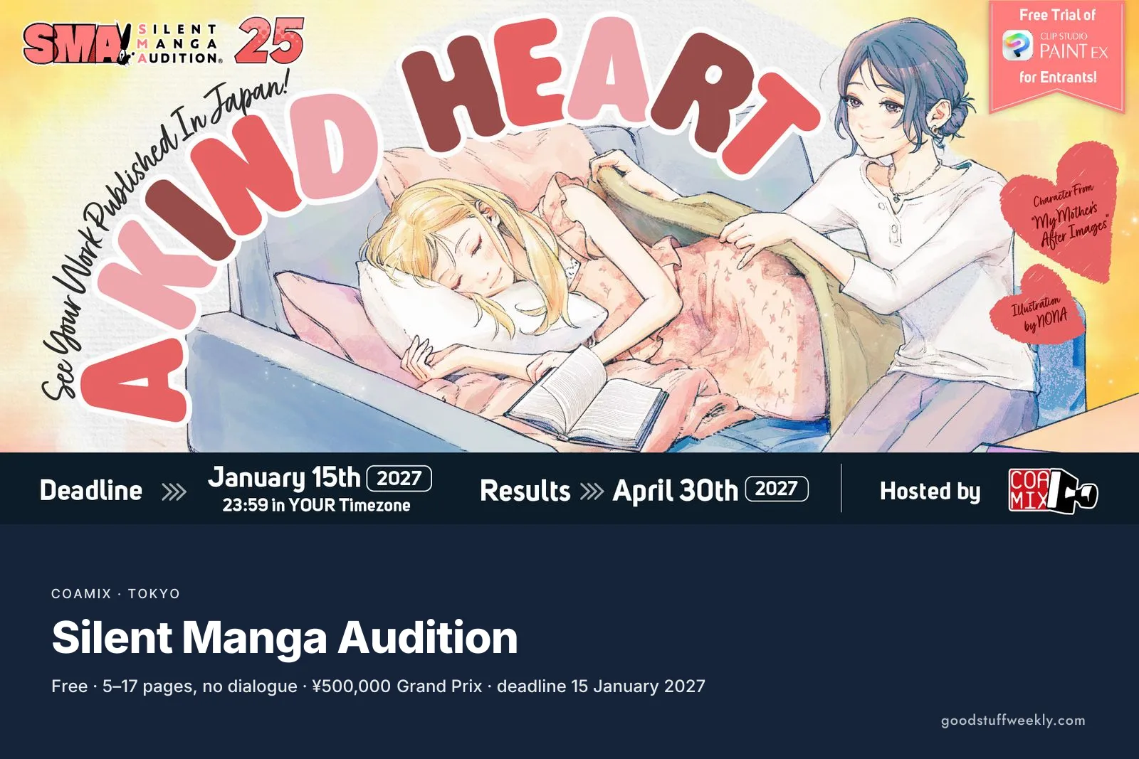 Silent Manga Audition banner for "A Kind Heart", a manga illustration of a woman covering a sleeping girl with a blanket