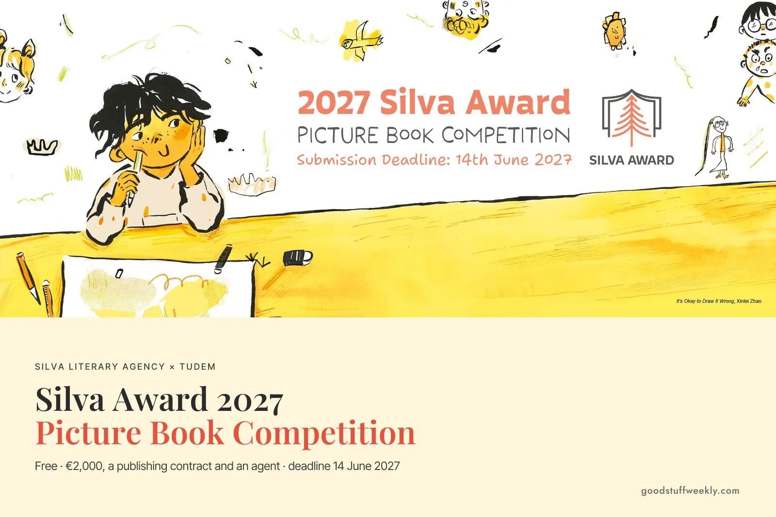 Illustrated Silva Award banner of a child drawing at a yellow table, above the title Silva Award 2027 Picture Book Competition
