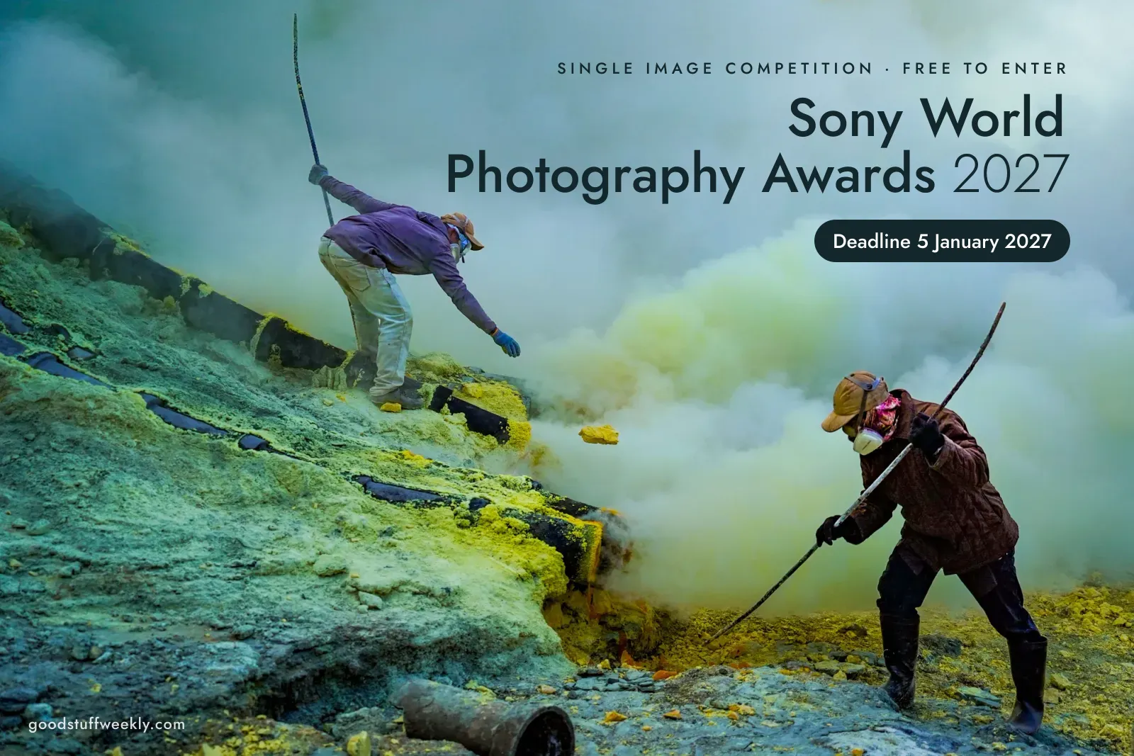 Sony World Photography Awards 2027 Single Image Competition: two sulphur miners working on a slope in thick yellow-green volcanic smoke; deadline 5 January 2027