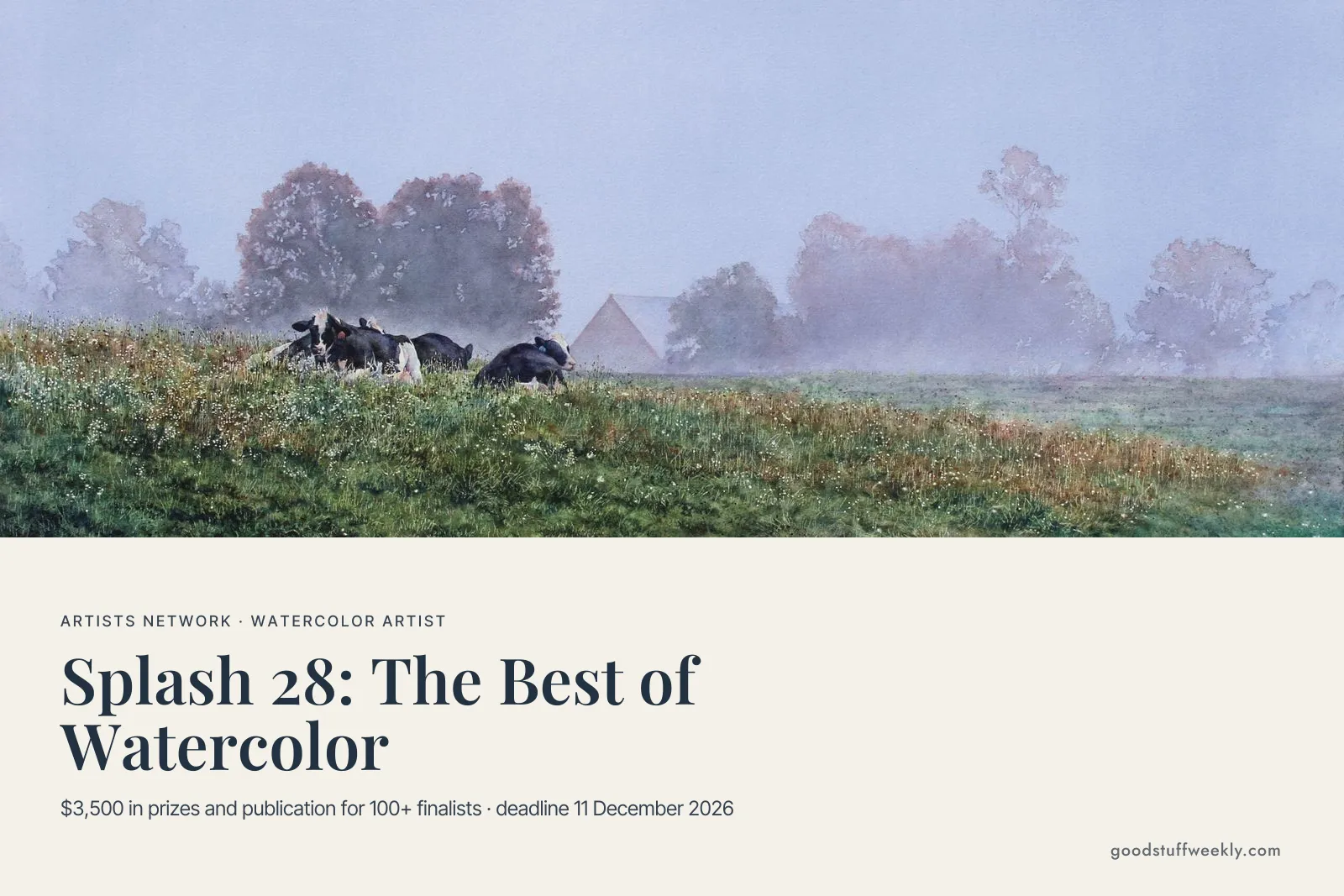 A misty watercolour landscape of cows grazing in a meadow, from the Splash watercolor competition