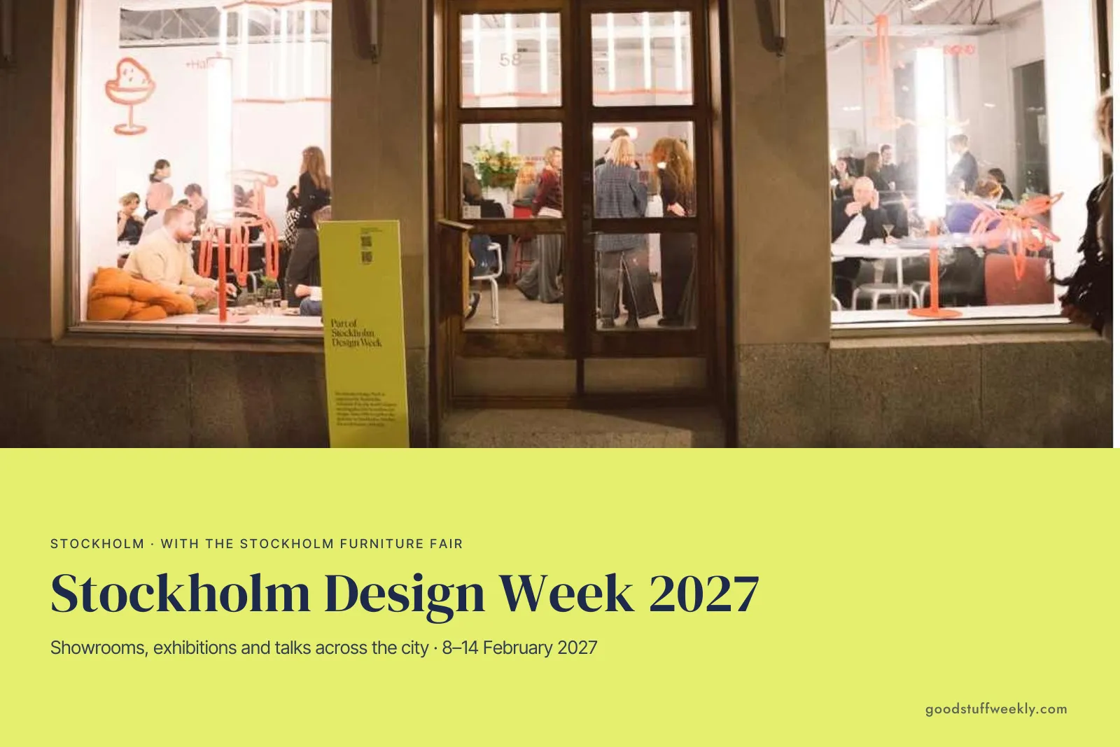 Visitors inside a lit showroom seen through its windows during Stockholm Design Week