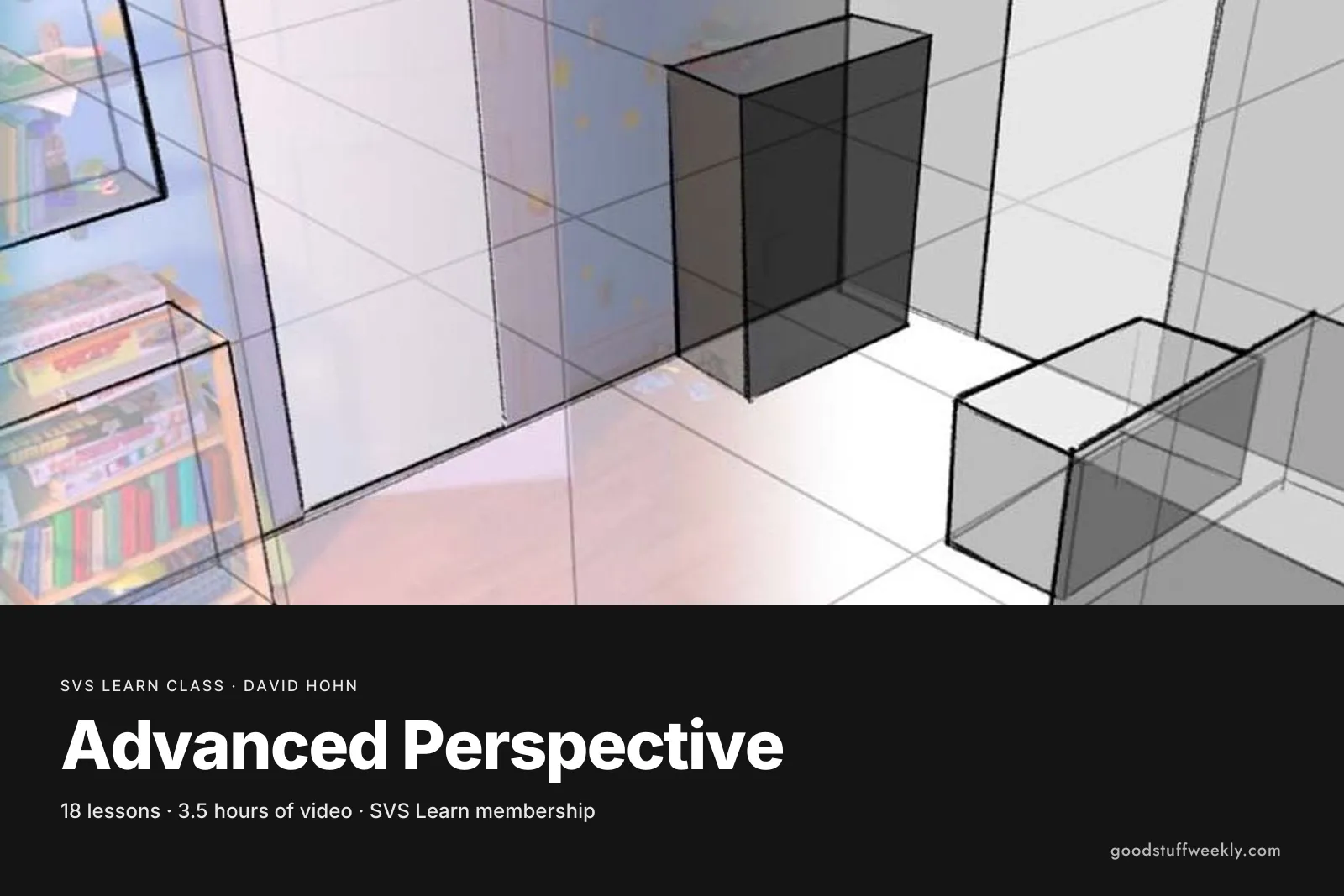 Grey boxes and shelves drawn in three-point perspective, for SVS Advanced Perspective