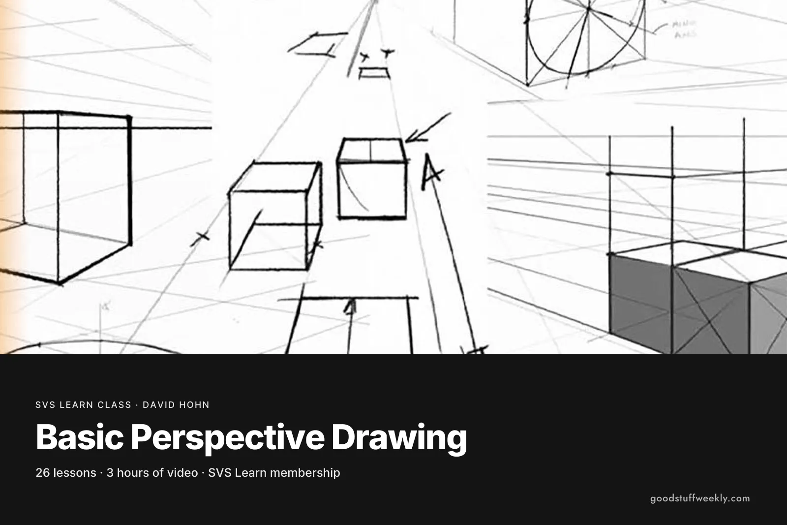 Pencil sketches of boxes and grids in one- and two-point perspective, for SVS Basic Perspective Drawing