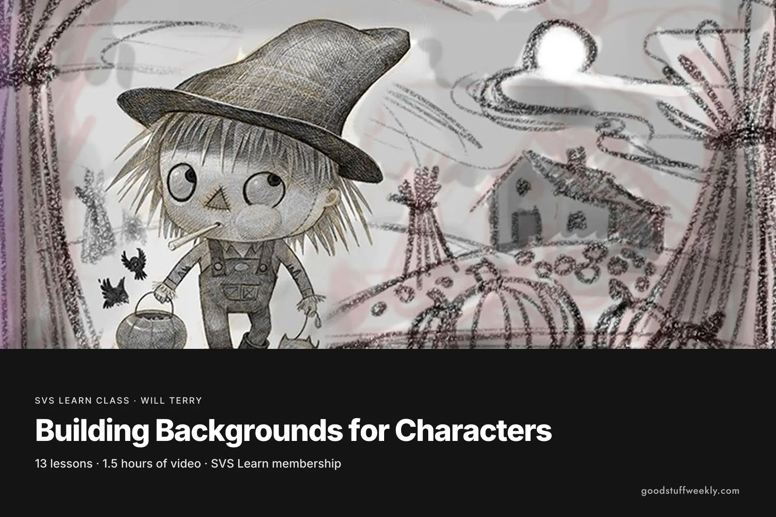 A grey sketch of a scarecrow character in a pumpkin field, for SVS Building Backgrounds for Characters