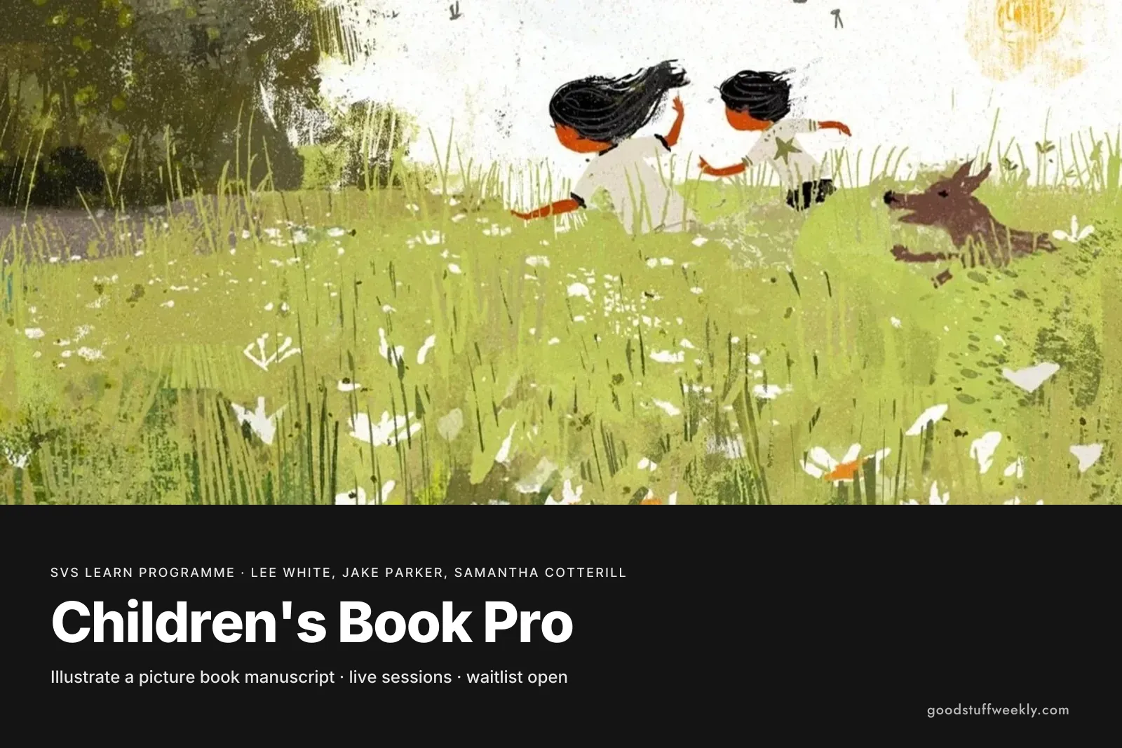A picture book illustration of two children and a dog running through a meadow, for SVS Children's Book Pro