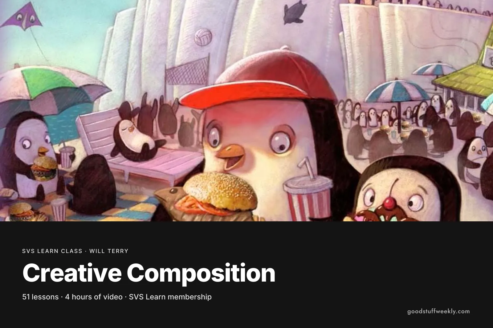 A painting of penguins at a fast-food picnic, for SVS Creative Composition