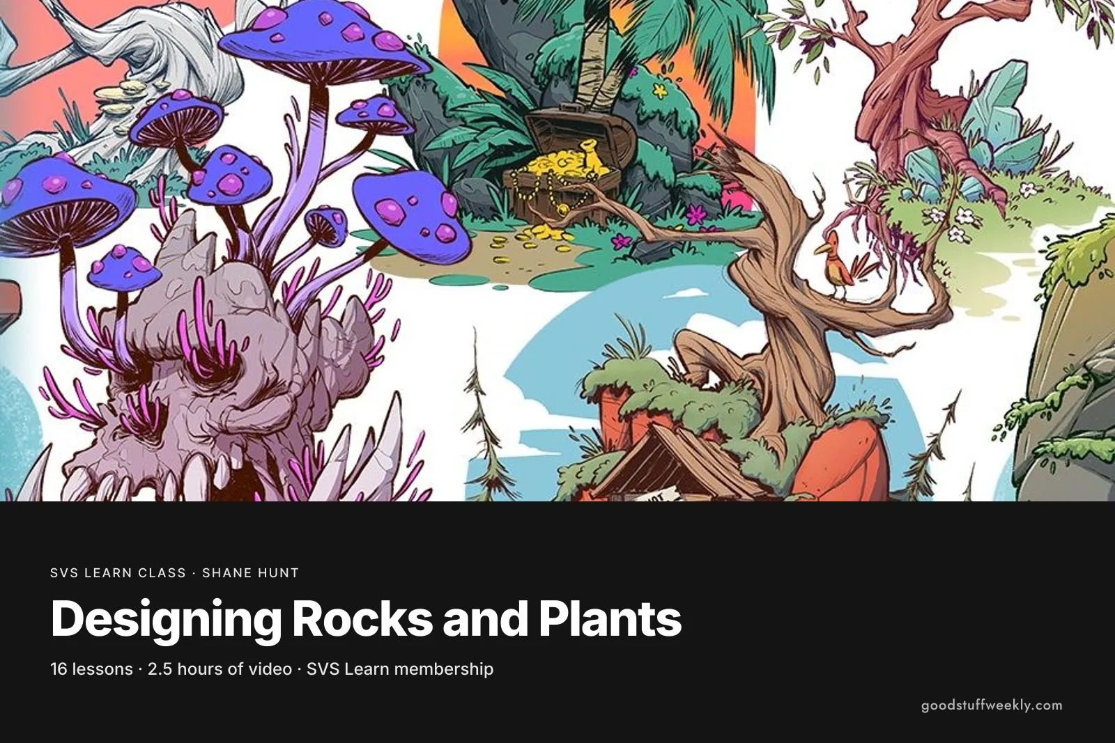 Colourful stylised trees, mushrooms and rocks, for SVS Designing Rocks and Plants