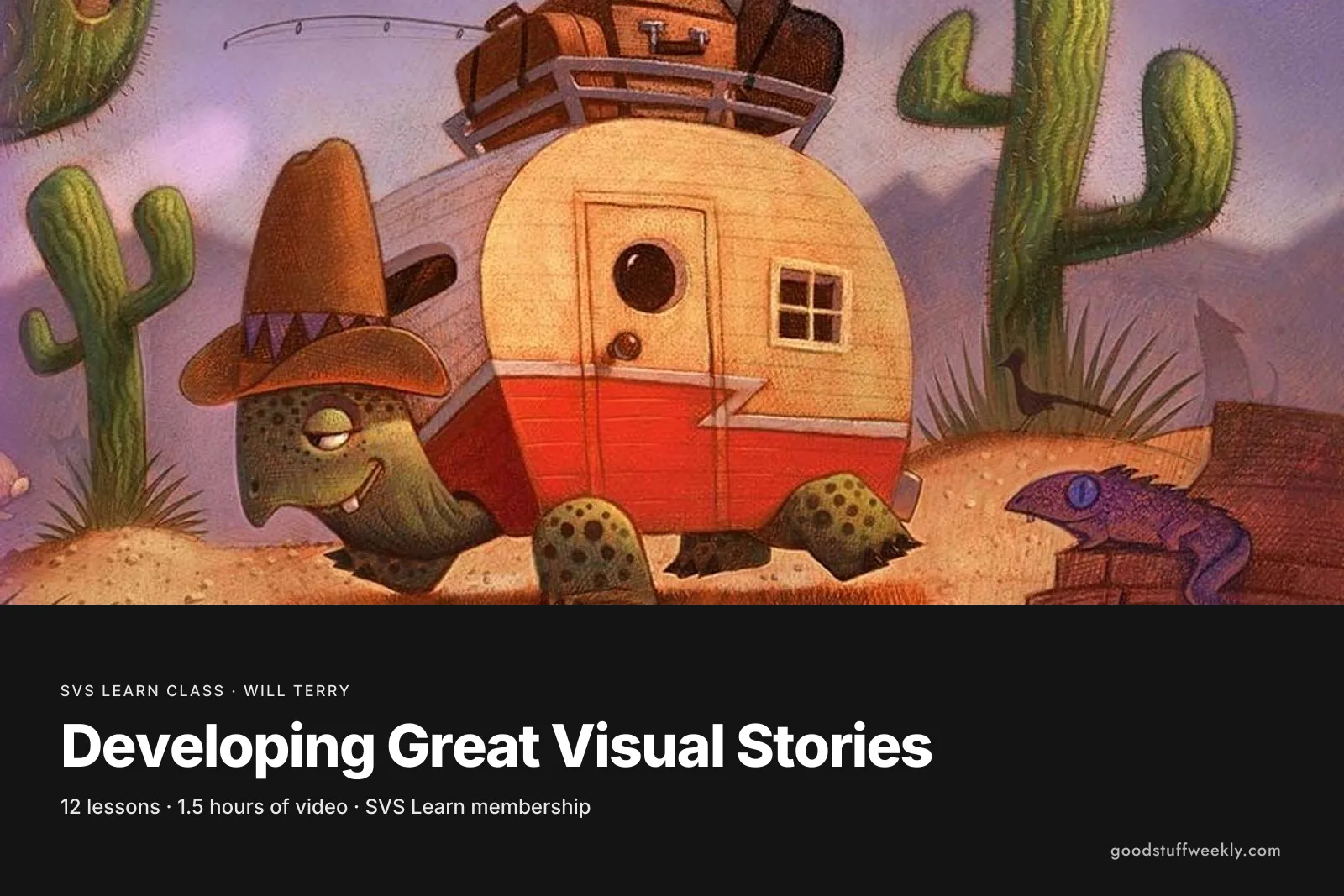 A painting of a tortoise carrying a caravan in the desert, for SVS Developing Great Visual Stories