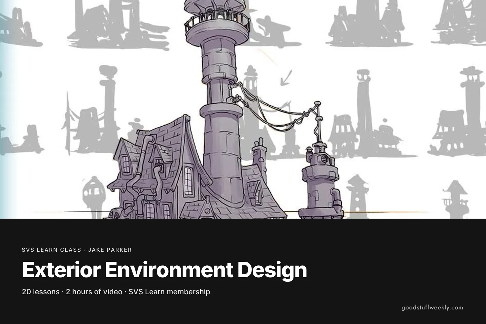 Grey silhouette studies and a drawing of a lighthouse town, for SVS Exterior Environment Design