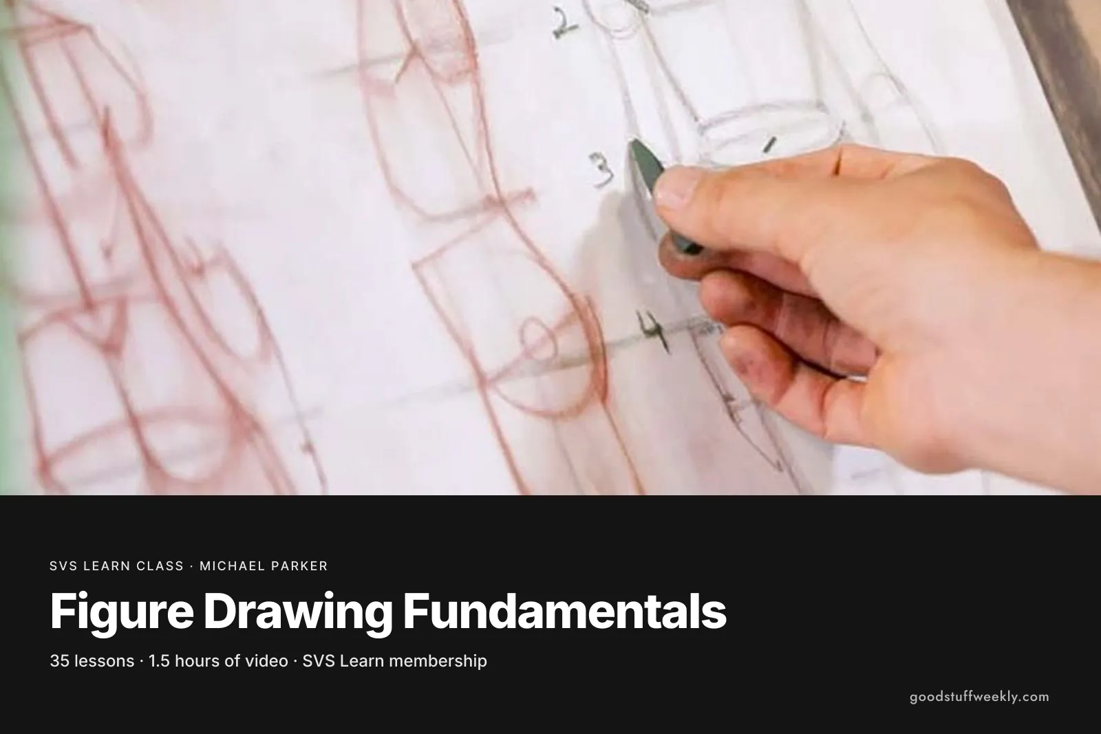 A hand drawing a red mannequin figure on paper, for SVS Figure Drawing Fundamentals
