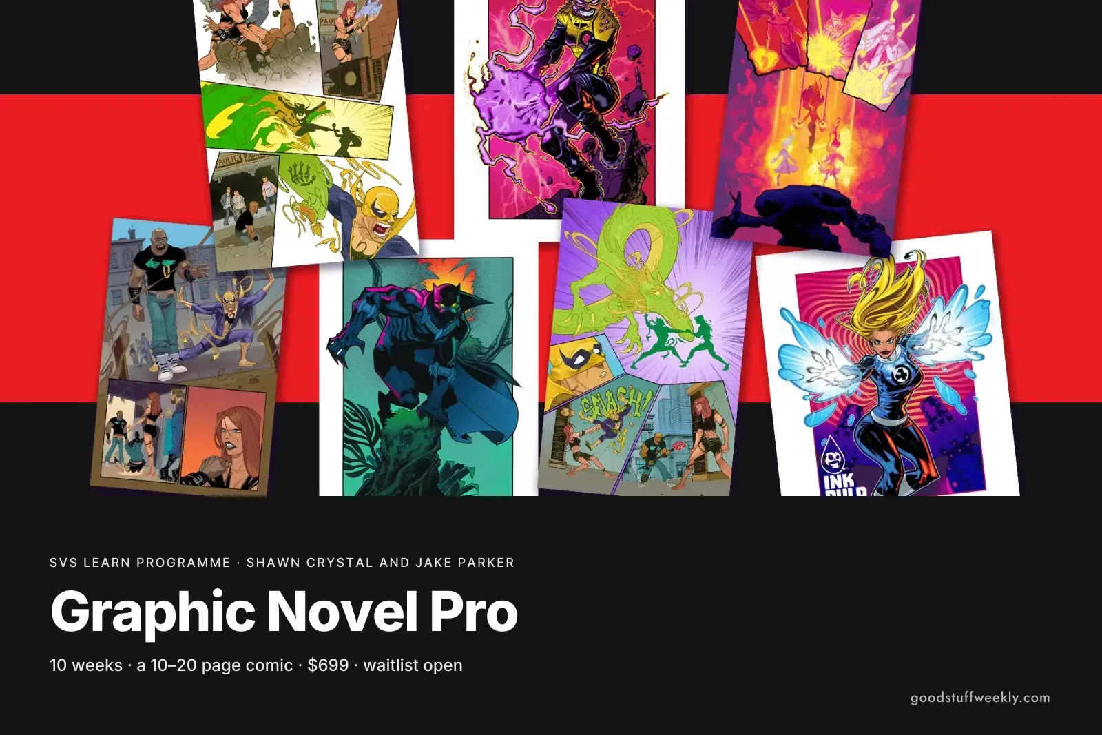 Colourful comic pages fanned out on a red and white background, for SVS Graphic Novel Pro