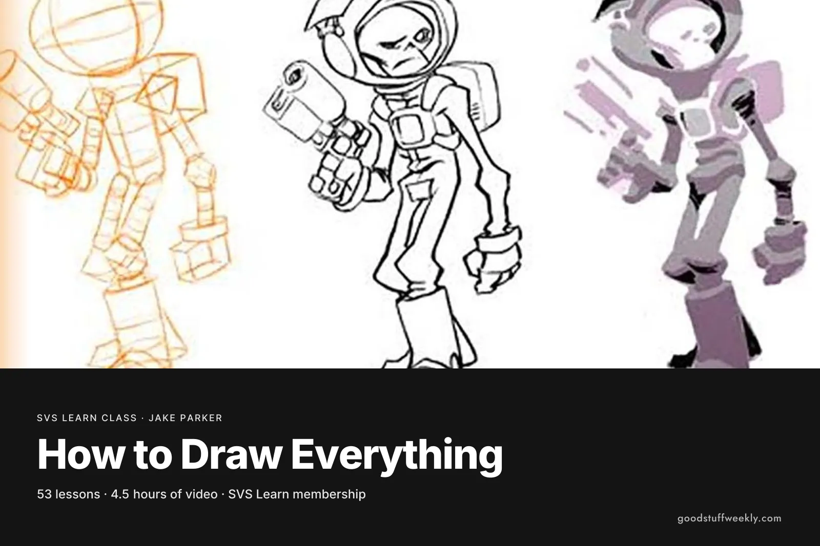 Construction sketches of a robot character developed from rough shapes to clean line art, for SVS How to Draw Everything