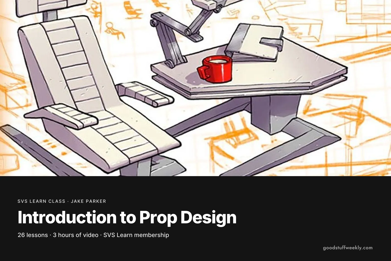 A rendered sci-fi chair and table designed from orange construction lines, for SVS Introduction to Prop Design