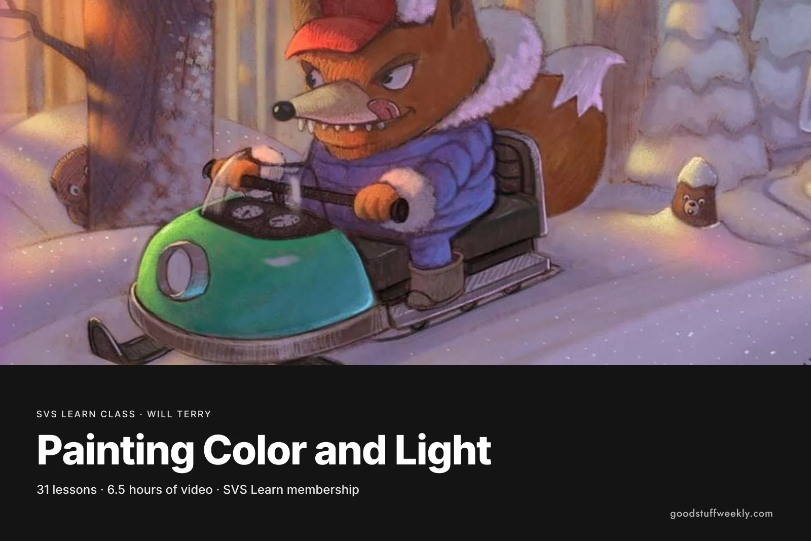 A painting of a fox riding a snowmobile in a snowy forest, for SVS Painting Color and Light