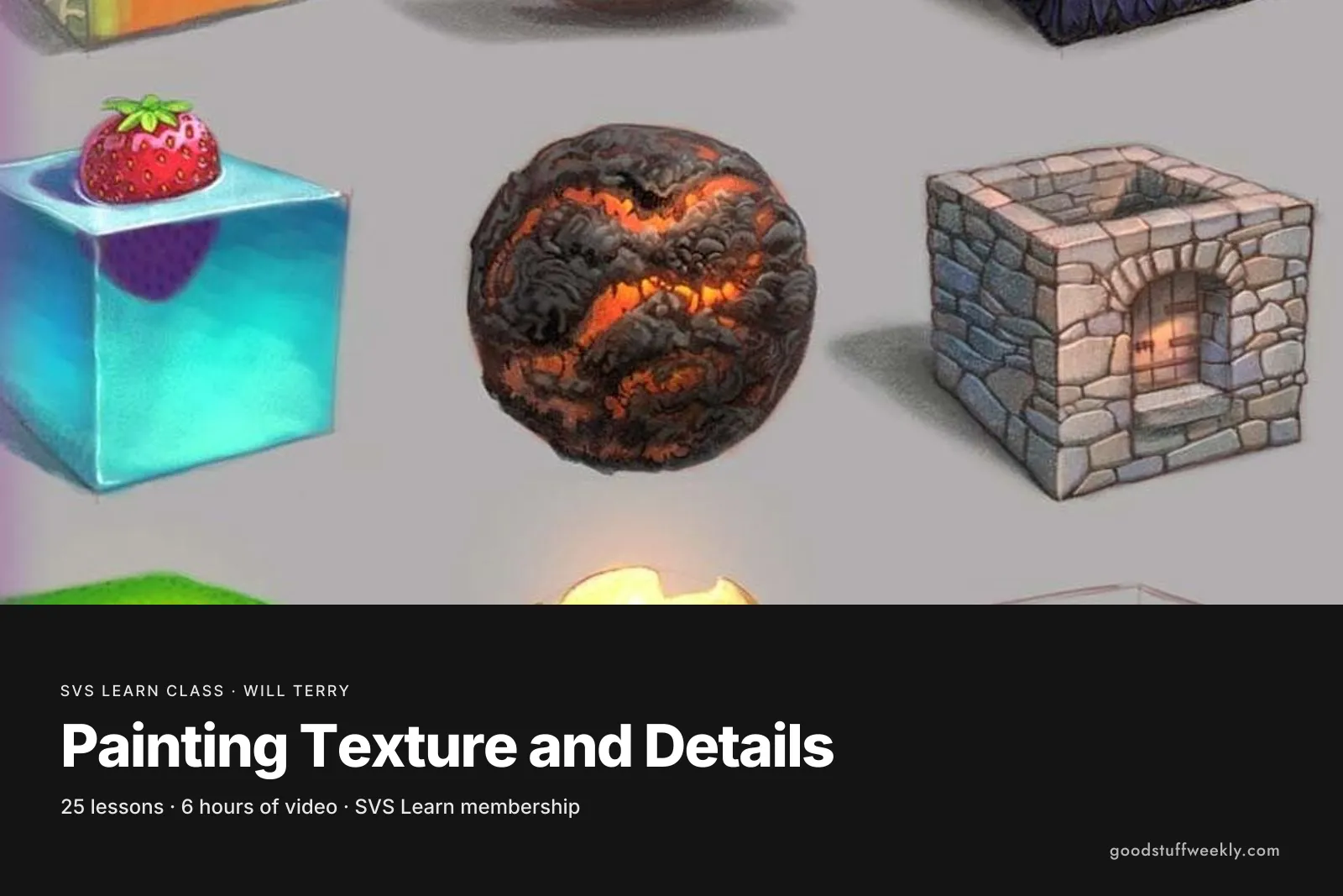 Painted texture studies of a jelly cube, a lava ball and a brick oven, for SVS Painting Texture and Details