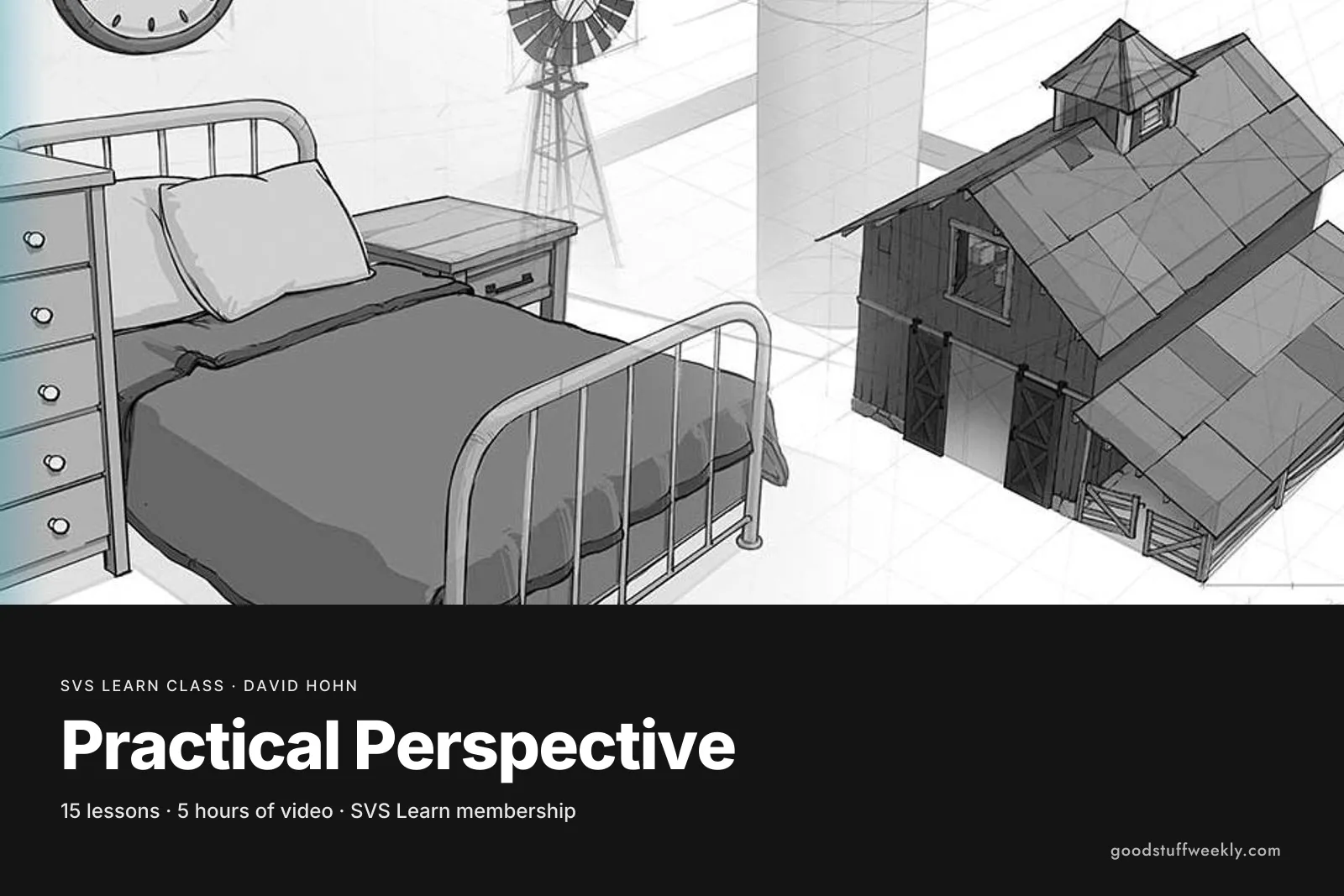 Grey perspective drawings of a bedroom, a barn and a windmill, for SVS Practical Perspective