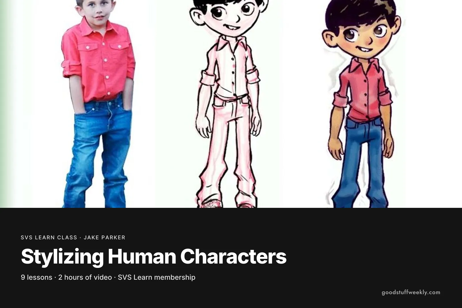 A photo of a boy beside two stylised cartoon versions of him, for SVS Stylizing Human Characters