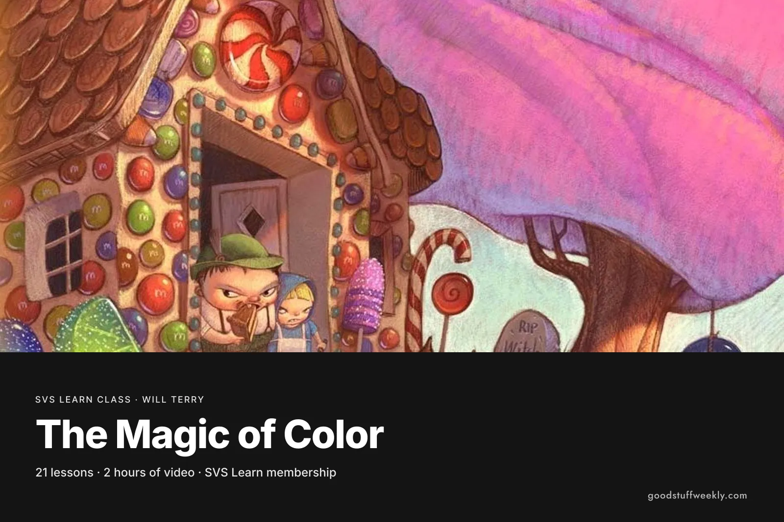 A colourful painting of a gingerbread house with sweets, for SVS The Magic of Color