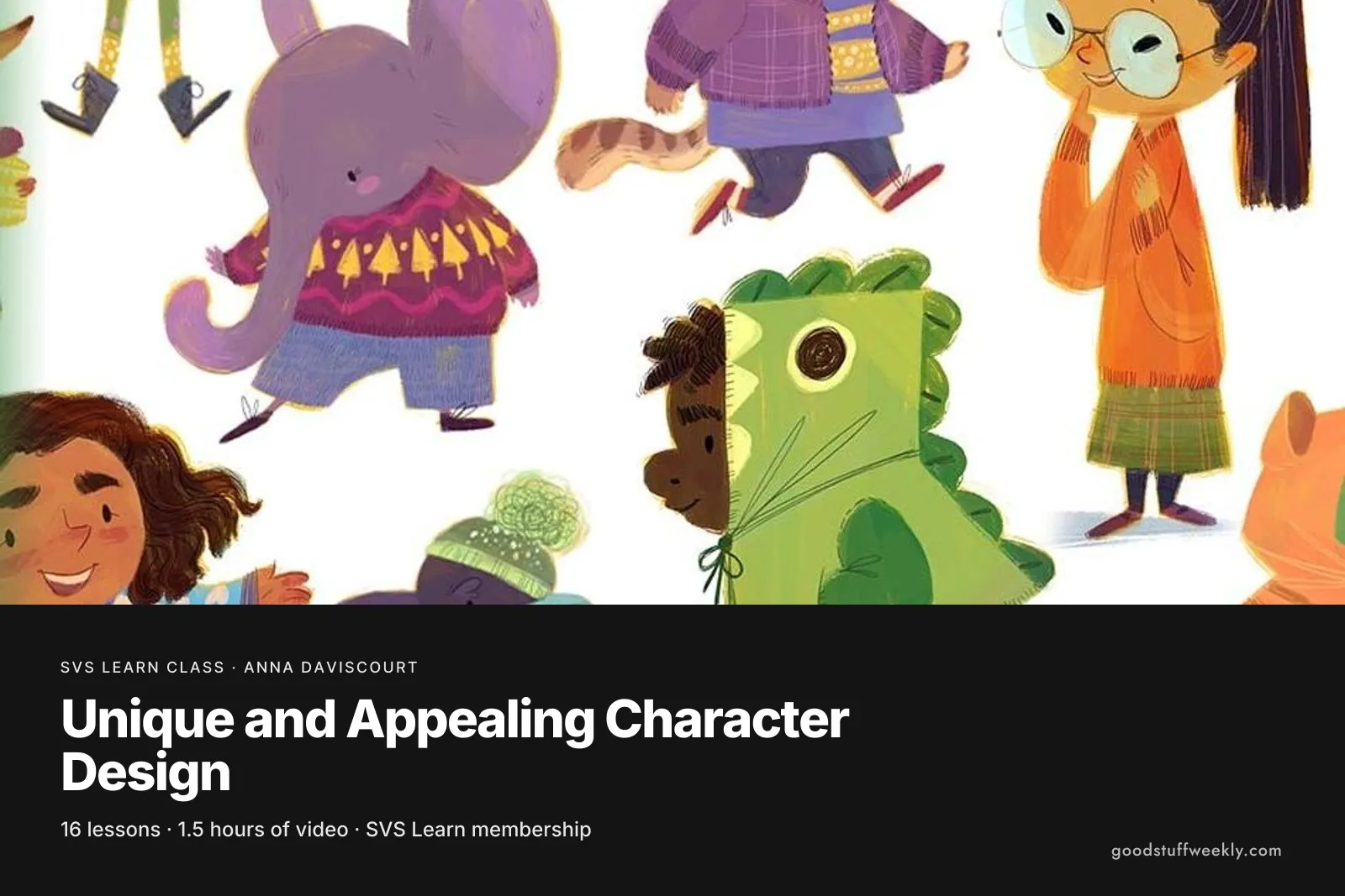 A colourful lineup of picture book characters, including an elephant and a child in a dinosaur costume