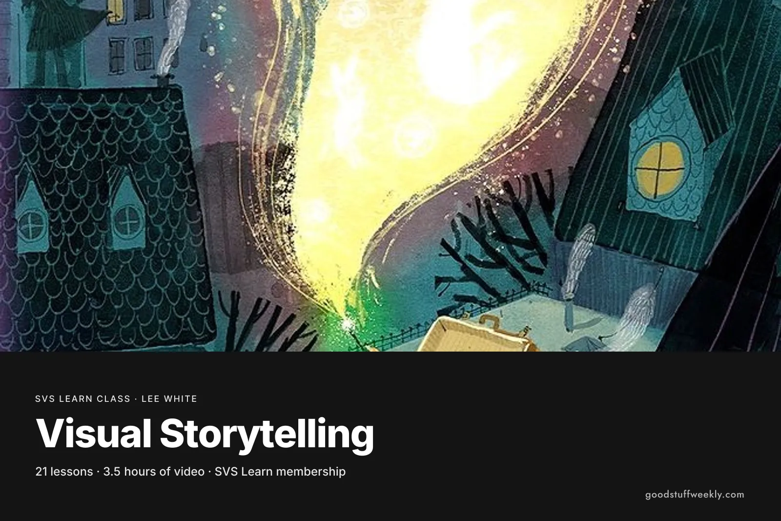 A painted night scene with light spilling between dark houses, for SVS Visual Storytelling