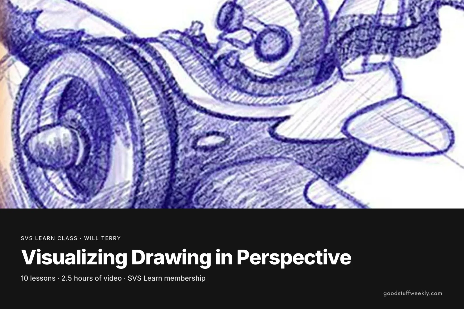 A blue ballpoint sketch of a cartoon plane drawn from an angle, for SVS Visualizing Drawing in Perspective