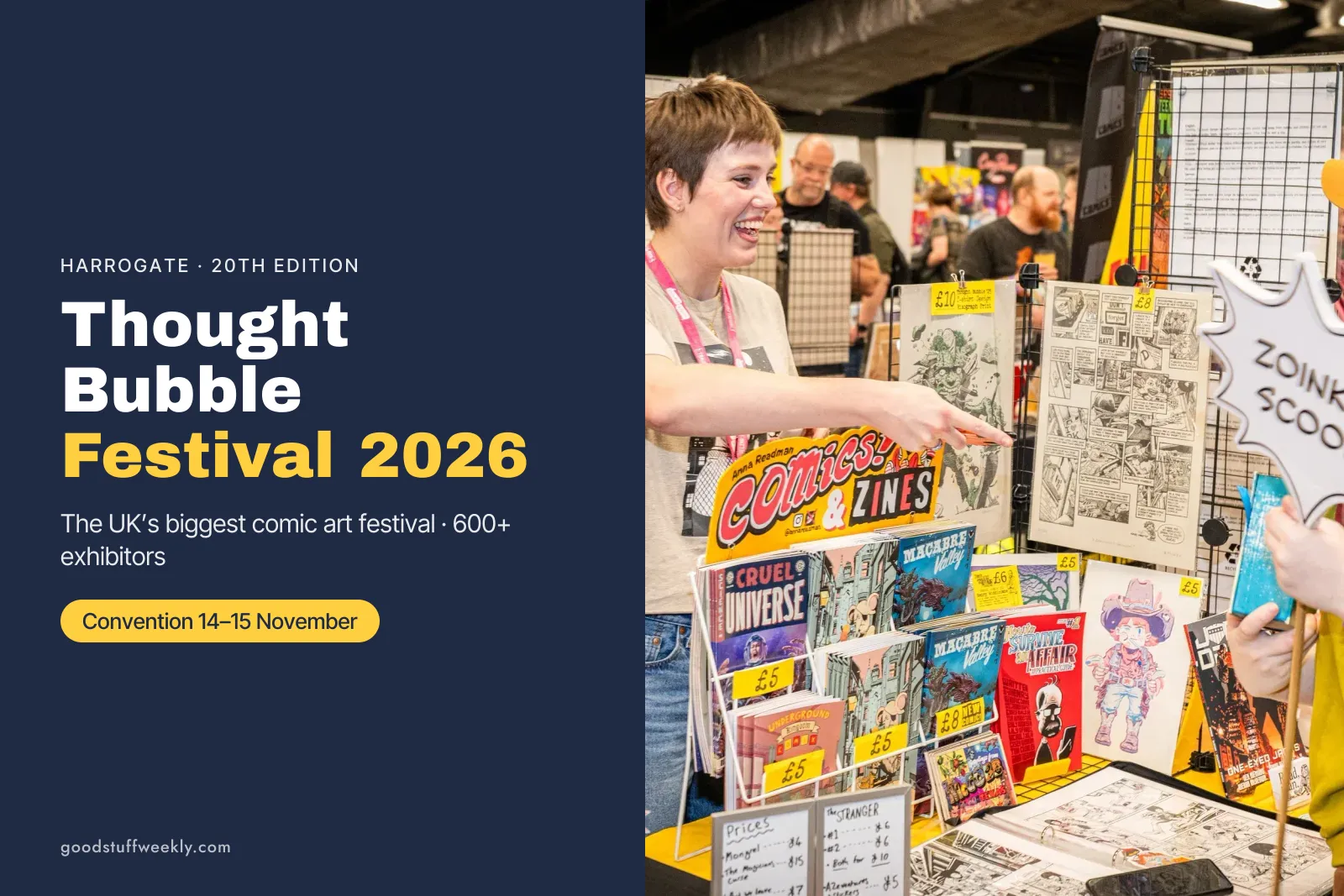 An exhibitor laughing at her table of comics and zines at the Thought Bubble comic convention in Harrogate