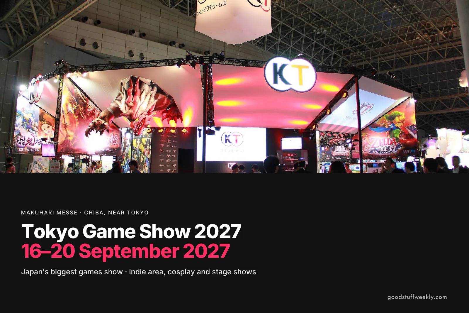 A brightly lit publisher booth with game artwork in the hall of Makuhari Messe during Tokyo Game Show