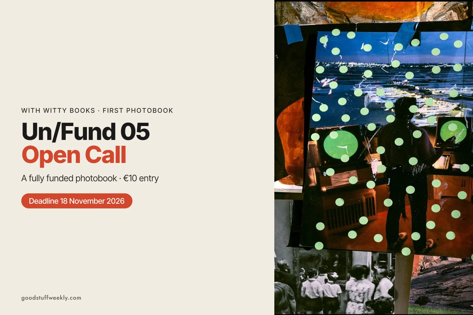 A collage of photographs with a figure in silhouette and green dots, from the Un/Fund open call