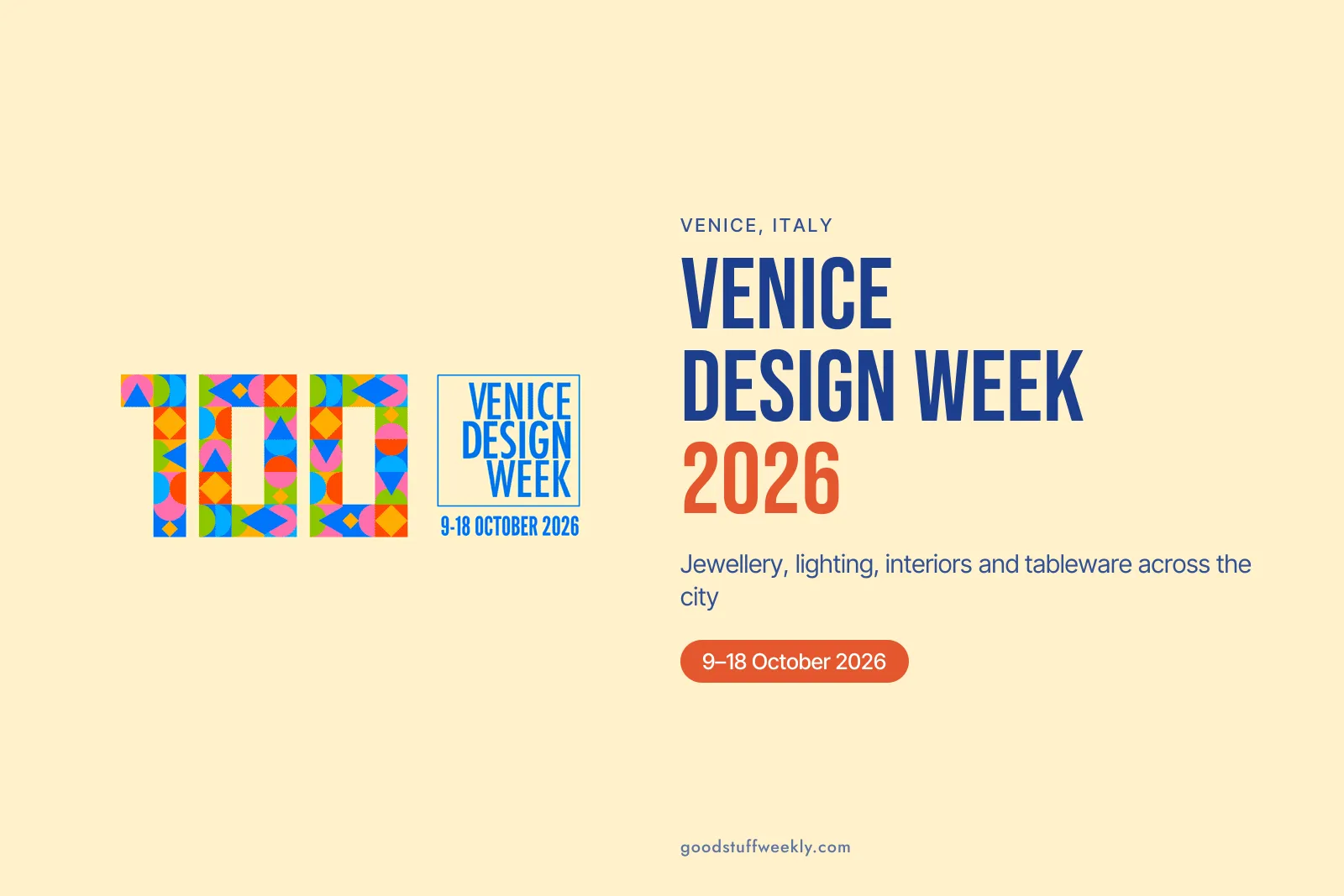 Colourful Venice Design Week 2026 logo on cream, beside the dates 9–18 October 2026