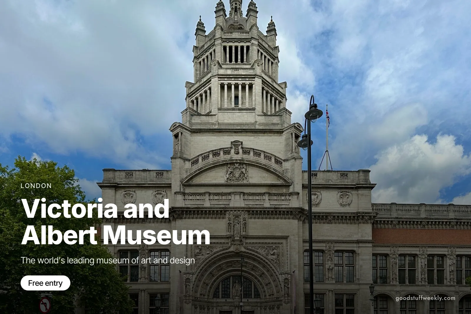 The stone facade and crowned tower of the Victoria and Albert Museum on Cromwell Road, London