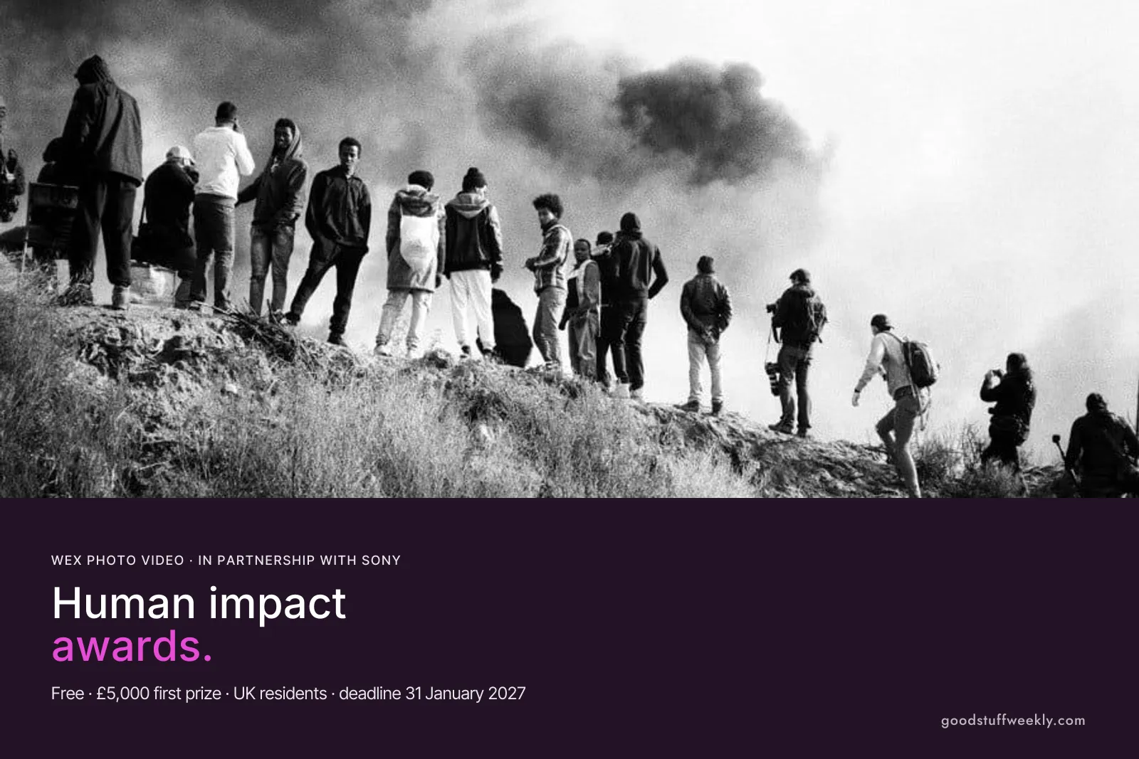 Black and white photo of people walking along a ridge in smoke, above the title Human impact awards