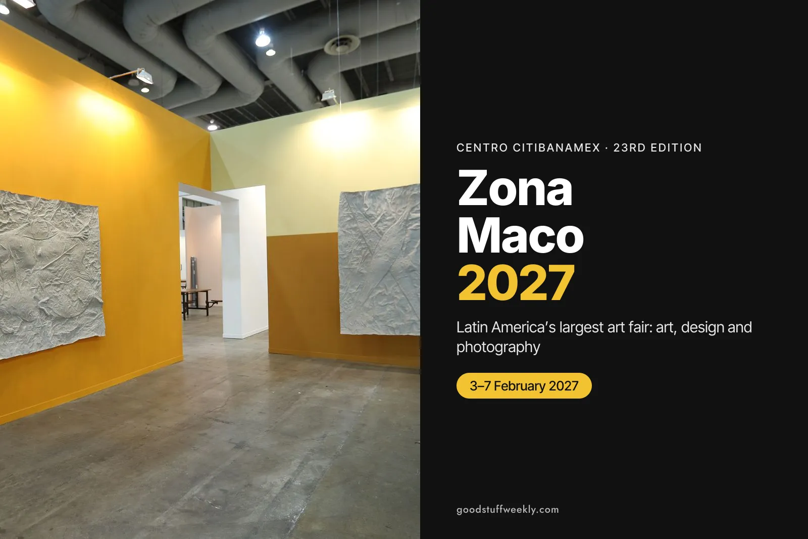 Textured white works on yellow and blue walls in a gallery booth at Zona Maco, Mexico City